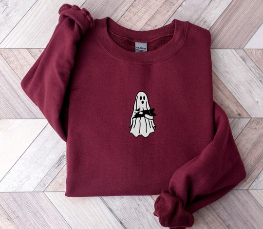 Embroidered Ghost Sweatshirt, Halloween Sweatshirt, Black Cat
