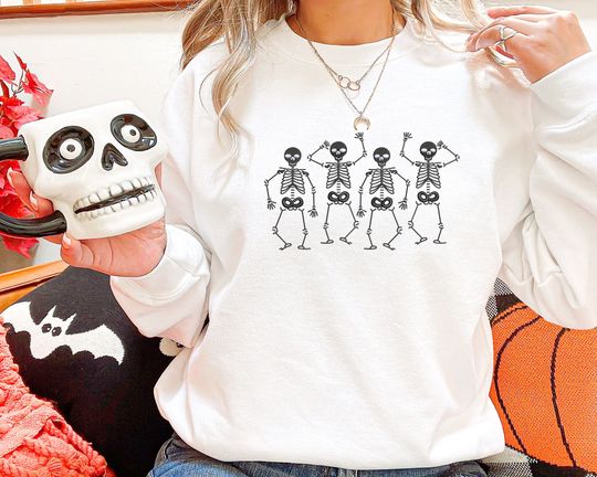 Embroidered Sweatshirt, Dainty Skeleton Halloween Crewneck Jumper
