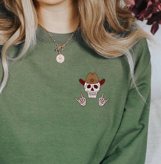 EMBROIDERED Cowboy Halloween Sweatshirt, Skeleton Halloween Shirt