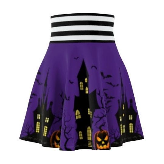 Halloween Skirt, Haunted House Design, Purple Women's Spooky Season Circle Skater Skirt with Black and White Striped Elastic Waist Band