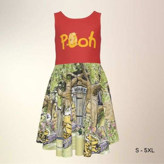 Winnie the Pooh Kids Skater Dress Vintage Pooh Print  Halloween Dress Running Costume Kids Halloween Costume Cosplay Dress Birthday Party