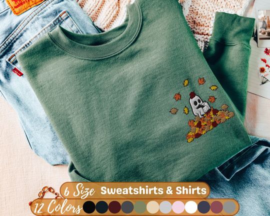 Embroidered Ghost Reading Fall Sweatshirt, Book Reading On Autumn Leaves