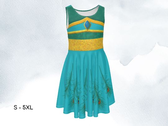 Jasmine Girls Sleeveless Skater Dress Princess Aladdin Genie Lamp Summer Dress Halloween Costume Cosplay Birthday Theme Party