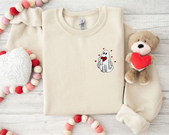 Ghost Embroidered Sweatshirt, Valentine's Day Ghost Embroidered Shirt