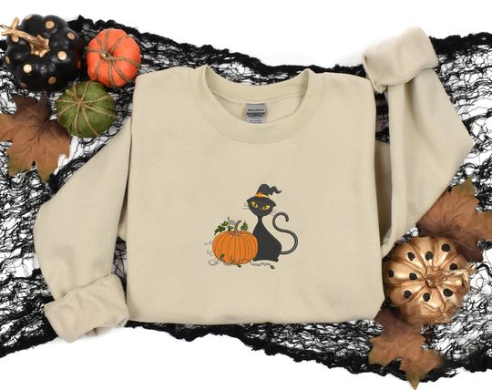 Black Cat Halloween Sweatshirt, Embroidered Cat and Pumpkin Sweater, Spooky Season Jumper