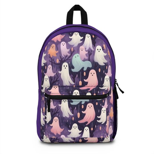 Pink Purple Blue Ghosts Halloween Backpack, Ghostly Haunted Halloween Travel Backpack, Ghost Print in Pink Purple and Blue