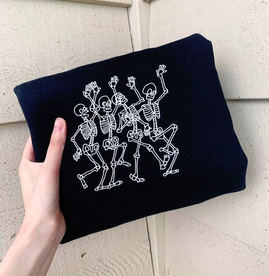 Dancing Skeleton Embroidered Crewneck/Sweatshirt, Halloween Gift
