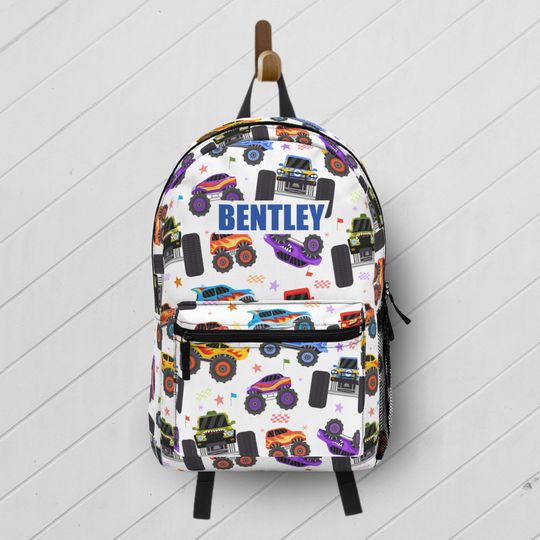Personalized Monster Trucks Backpack / Kids Custom Name Book Bag for School / Backpack Lunchbox Matching Set / Boys Back to School Bag