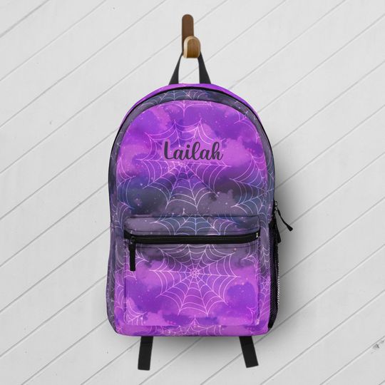 Personalized Web Backpack / Purple Halloween Book Bag Custom Name / Whimsigoth Gift for Girl / Spooky Backpack Lunchbox Set