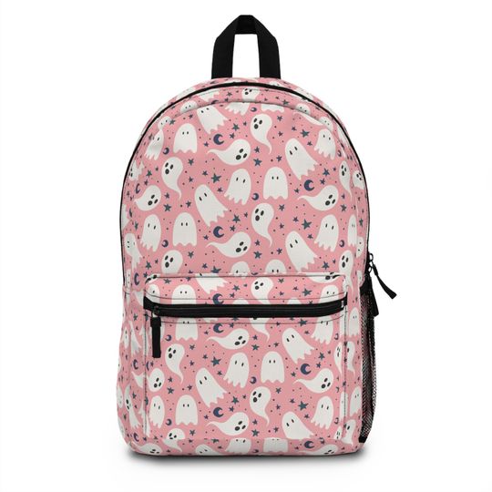 Pink and WhiteGhost Backpack, Cute Spooky Witchy Aesthetic, Pastel Pink Goth Colors Back to School Bag