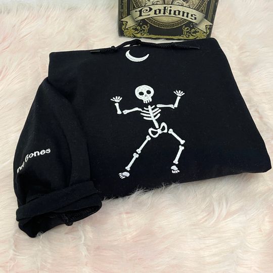 Skeleton Hoodie Halloween, Dancing Skeleton Sweatshirt Embroidered, Fall Sweatshirt