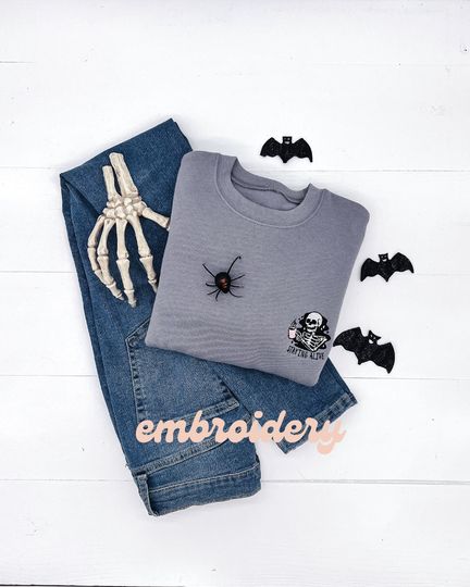 Staying Alive Halloween Sweatshirt Embroidered Skeleton with Coffee