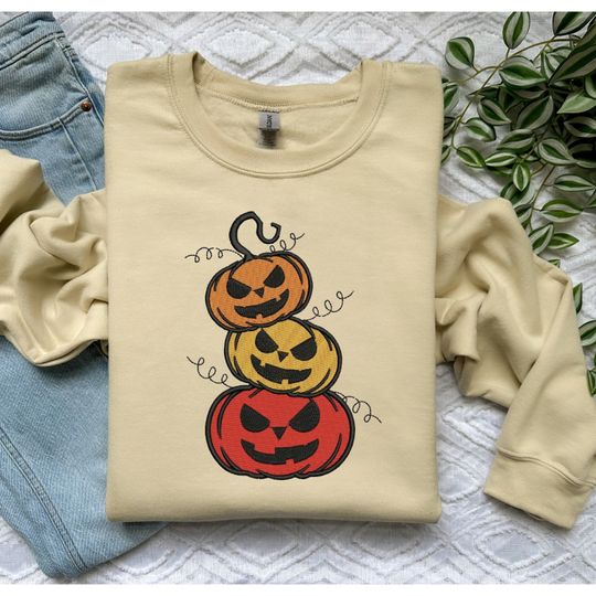 Embroidered Scary Pumpkins Sweatshirt Halloween Sweatshirt Fall Sweatshirt
