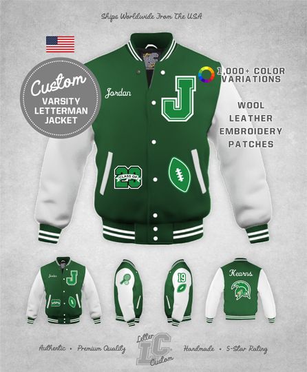 Custom Varsity Letterman Football Sports Jacket White & Bright Kelly Green Wool Grad Year Lettering Premium LetterCustom Handmade
