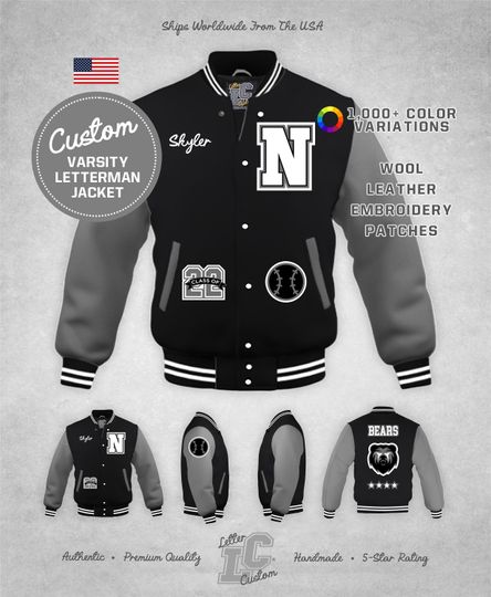 Custom Varsity Letterman Baseball Jacket Gray & Black Wool High School Chenille Patches Mascot Premium LetterCustom Handmade