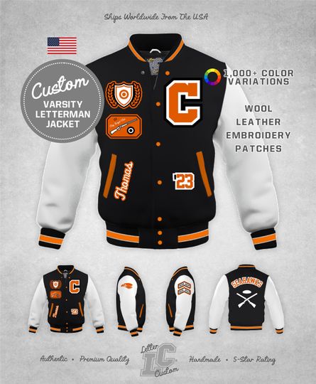 Custom Varsity Letterman Clay Target Club Riflery Jacket Premium & Wool Orange Knit Rollover Collar Authentic LetterCustom Handmade