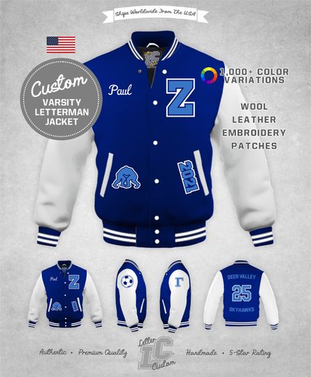 Custom Varsity Letterman Wrestling Jacket White & Royal Blue Wool Premium Authentic LetterCustom Handmade