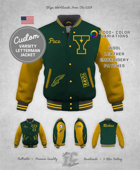 Custom Varsity Letterman Track and Field Jacket Gold & Forest Green Wool Authentic Premium LetterCustom Handmade