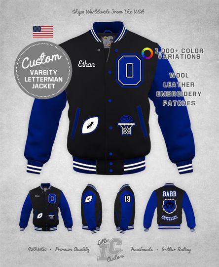 Custom Varsity Letterman Football Basketball Jacket High School Bright Royal Blue & Black Wool Premium LetterCustom Handmade