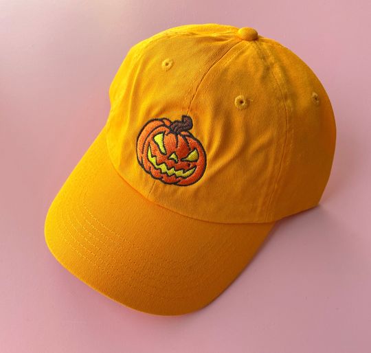 EMBROIDERED PUMPKIN HAT - Halloween Embroidered Dad Hat, Jackolantern Chino Twill Cap, Spooky Jack-o-Lantern Cap, Orange Halloween Aesthetic