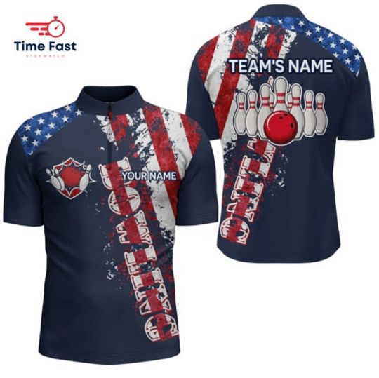 Custom Name Men Bowlers Jersey American Flag, Patriotic Men's Bowling Shirt