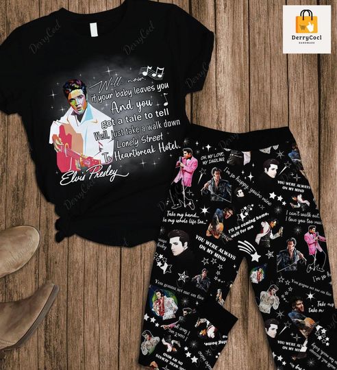 Elvis Presley Pjs Set, Elvis Presley T-Shirt Pant Set, Elvis Presley Concert Pajamas, Elvis Presley Tour Holiday Pajamas, Rock And Roll