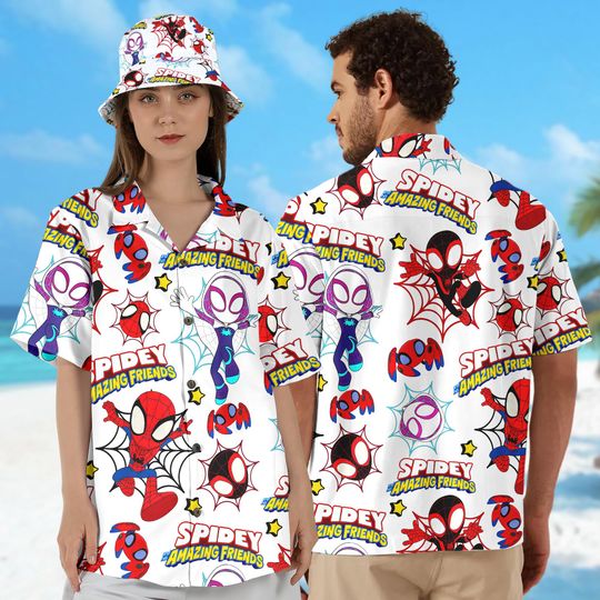 Spider Man Hawaiian Shirt, Spidey And His Amazing Friends Cool Hawaii Shirt, Hero Character Fan Button Up, Animated Movie Summer Vibe Tee