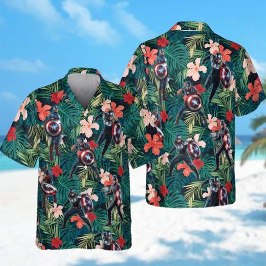 Superhero Tropical Hibiscus Flowers Aloha Summer Vibes 3D Hawaiian Shirt, Captain America Character Beach All Over Printed Button Up Shirt