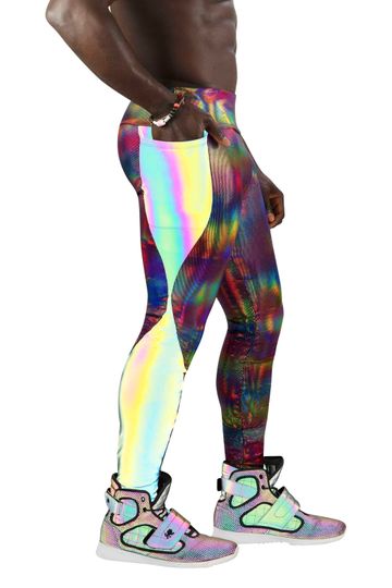 Mens Leggings with pockets, Shiny Leggings Festival trousers Reflective Rainbow gay