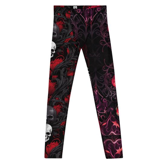 Men's Leggings, Gothic, Hearts, Skulls, Black, Red, Rave Pants, Festival Tights, Gym