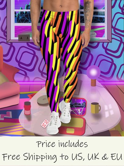 Mens Leggings Patterned Colorful Retro Stripes, 80s Memphis Style Athleisure