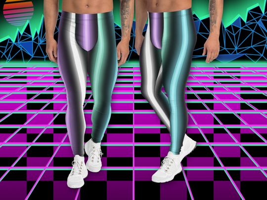 Patterned Mens Leggings, Colorful Neon Stripes Harajuku Meggings