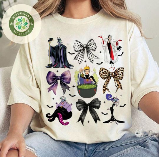 Coquette bows Disney Villains Shirt, Maleficent Evil Queen Cruella Halloween Shirt