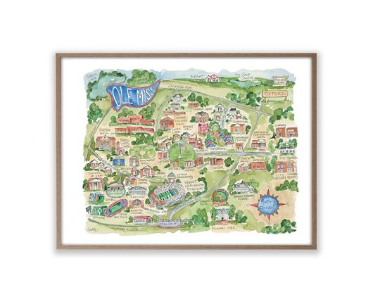 Ole Miss Oxford Campus Map Watercolor Art Poster Football