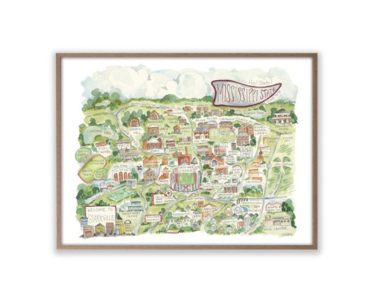 Mississippi State Campus Map Watercolor Art Poster Football