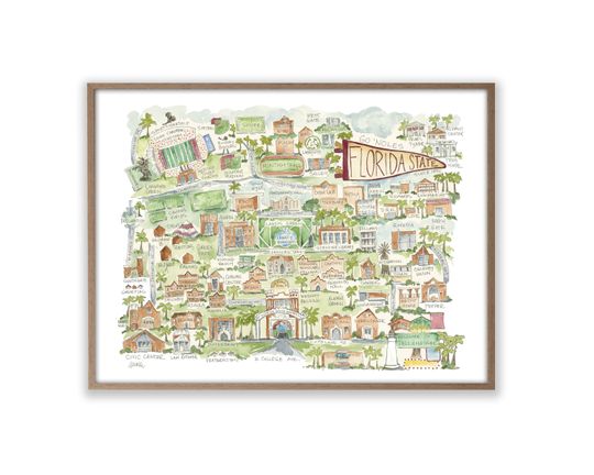 Florida State University Campus Map Watercolor Art Poster Football  Seminoles
