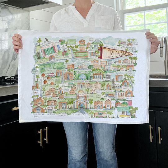 Florida State University Tea Towel Campus Map Watercolor Art Poster Football  Seminoles