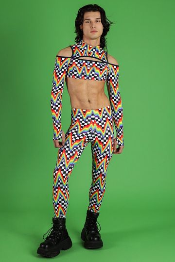 Rainbow Checkered Leggings for Men, high waisted leggings, printed rave leggings