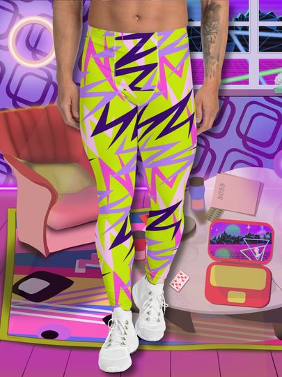 Mens Leggings Patterned Yellow Retro Memphis Jazzy Harajuku Geometric Gym