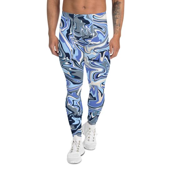 Men's Leggings, Spandex, Tights, Blue Graphic Print, Activewear, Stretch Pants