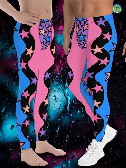 Men's Color Block Leggings, Spandex Long Tights, Pastel Wrestling Style Zigzag