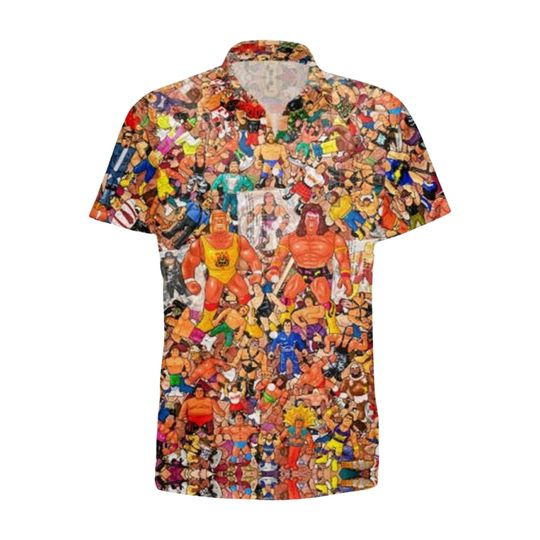 Wrestling Characters Collage Art Hawaiian shirt, Hawaiian shirt Men's Hawaiian Shirt, Hawaiian Beach Shirt, Button Downs Shirt
