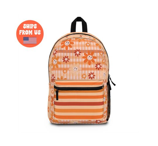 Retro Smiley Face Checkered Backpack, Back to School, Teen Backpack, Kids Backpack, Flowers School Bag, Large Backpack for Teens