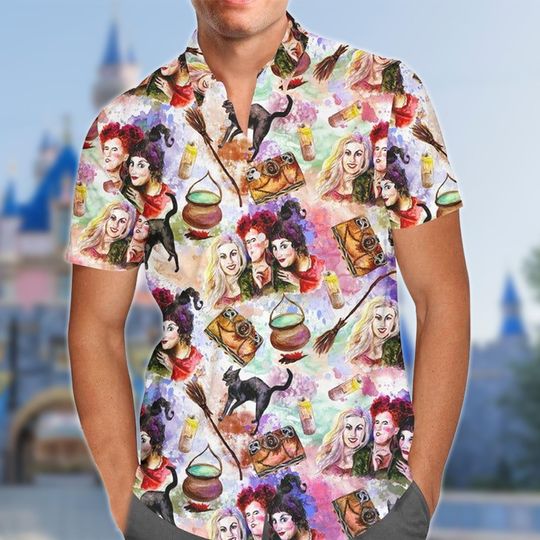 Sanderson Sisters Halloween Night Hawaiian Shirt, Hocus Pocus Horror Movie Character All Over Print Button Up Tee, Halloween Hawaii Shirt