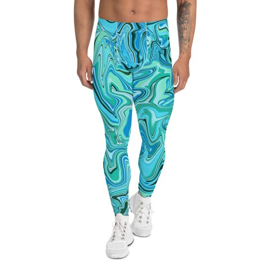 Men's Leggings, Spandex, Tights, Blue Graphic Print, Activewear, Stretch Pants