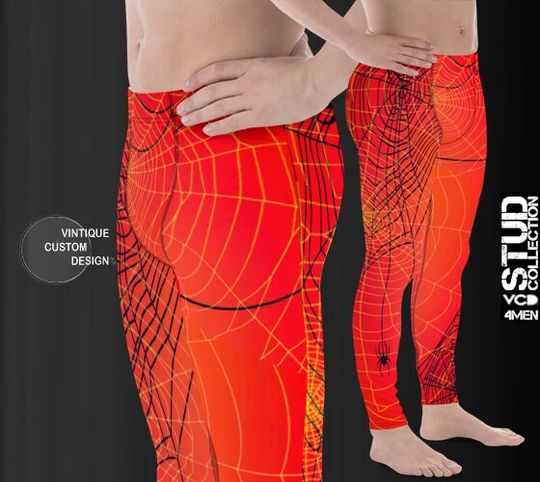 MEGGINGS Mens Leggings RED Spiderweb Spider Web Printed Leggings Yoga PANTS