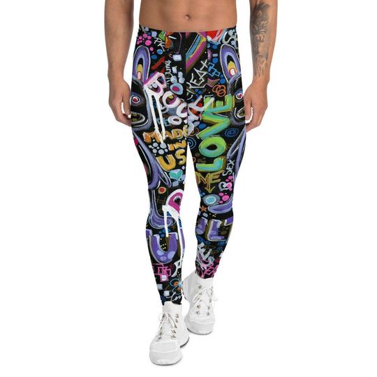 Men's Leggings, Yoga Leggings, Graffiti Print Leggings, Athletic Pants, Sportswea
