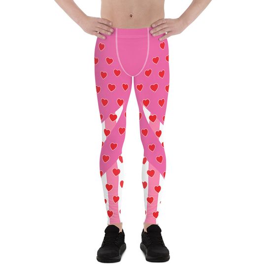 Valentines Day Men's Leggings - All Over Print Red Hearts on Pink Leggings for Men