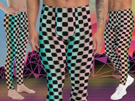 Mens Leggings Pastel Glitch Checks, Pro Wrestling Tights, Gym Tights, Fashion Meggings