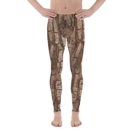 Tree Bark Camo Men Leggings, Real Wood Costume Forest Trunk Brown Halloween